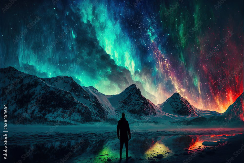 silhouette of a person in the mountains watching the beautiful aurora borealis in the sky, generative ai