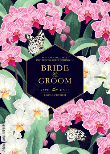 Vector wedding invitation with high detail orchids