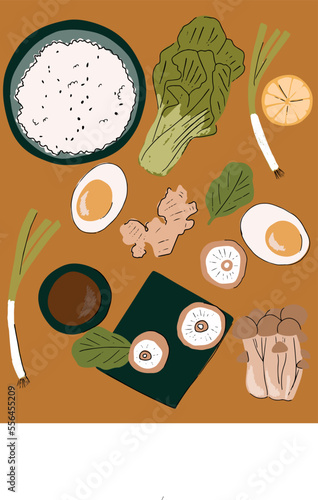 Hand drawing asian food elements. Flat simple illustration of bok choy, mushroom, lemon, green onion, boil egg, salmon, rice, ginger,  isolated on pastel orange  background. Editable vector