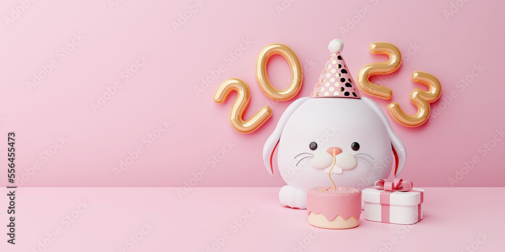 Cartoon rabbit sitting on floor surround with cake and giftbox on Pink background. Happy the year of rabbit 2023. 3D Render illustration