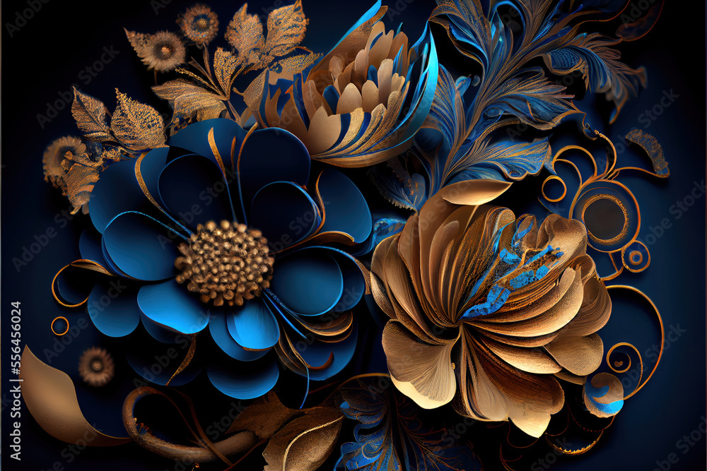 blue and gold abstract flower background, generative ai Stock
