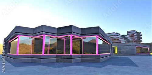 Photography Entertainment pavilion with illuminated window frames in a new sunny microdistrict