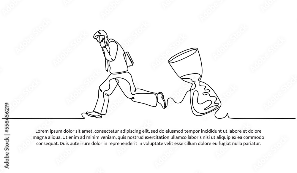 Continuous line design of running worker and hourglass. Late and work deadline design concept. Decorative elements drawn on a white background. Continuous line design of running worker and hourglass. Late and work deadline design concept. Decorative elements drawn on a white background.