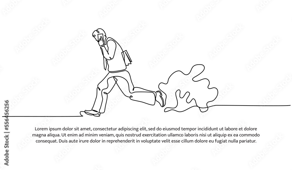 Continuous line design of running workers and holding phone. Late going to work design concept. Decorative elements drawn on a white background.