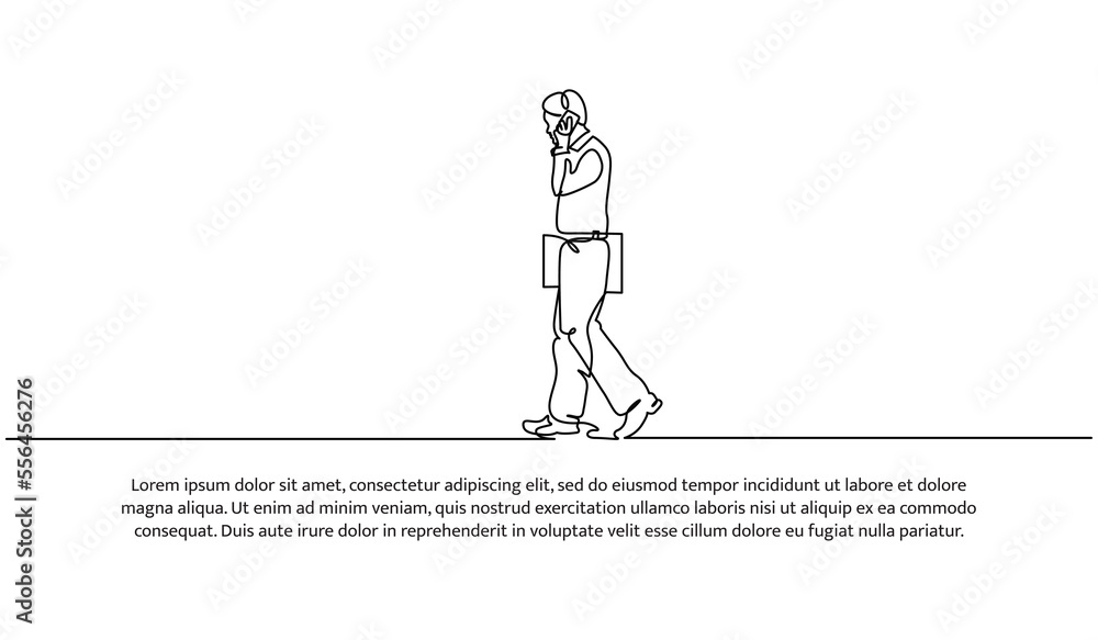 Continuous line design of young man walking with briefcase. Design concept of going to work. Decorative elements drawn on a white background.