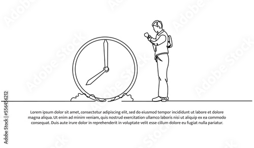 Continuous line design of standing workers set watches and big clocks. Work management design concept, deadline and schedule. Decorative elements drawn on a white background.