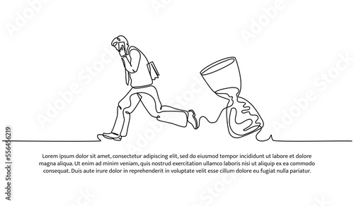 Continuous line design of running worker and hourglass. Late and work deadline design concept. Decorative elements drawn on a white background.