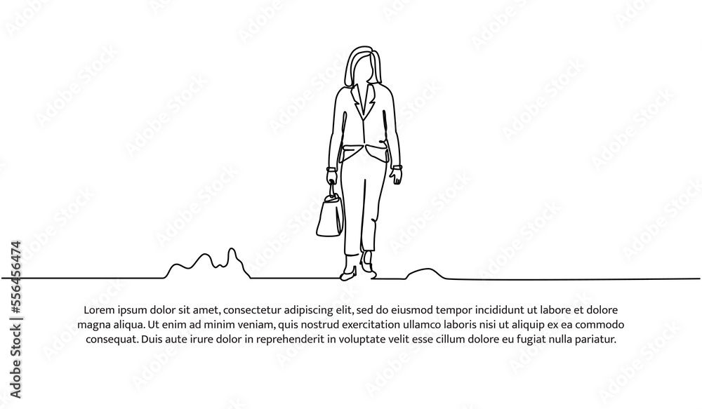 Continuous line design of woman walking holding bag. Career woman design concept. Decorative elements drawn on a white background. Continuous line design of woman walking holding bag. Career woman design concept. Decorative elements drawn on a white background.