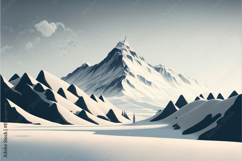 beautiful minimalistic winter landscape with mountains, made with generative ai