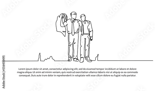 Continuous line design of man walking embracing his friend. Caring and friendship design concept. Decorative elements drawn on a white background.