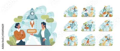 Boost up concept set. Business growth or career promotion to higher