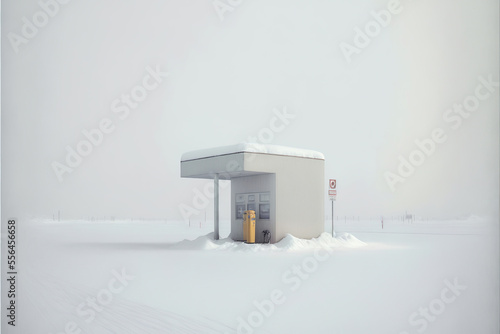 most minimalistic winter landscape illustration, lonely closed gas station in the snowfield, made with generative ai