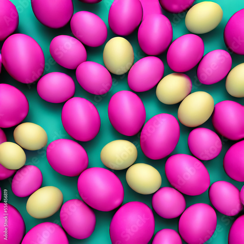 viva magenta and yellow easter eggs on a green background, easter holiday, easter decoration © Pavel