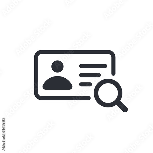 Document icon. Identification card. Id card. Document search. Find file. Profile sign. Find profile. File search. Personal document. Data search. Magnifying glass. Personnel search. Archive. Office