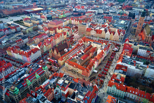 Wroclaw Rynek Square  aerial view. View from above on main market square in Wroclaw with walking tourists during Christmas holidays.