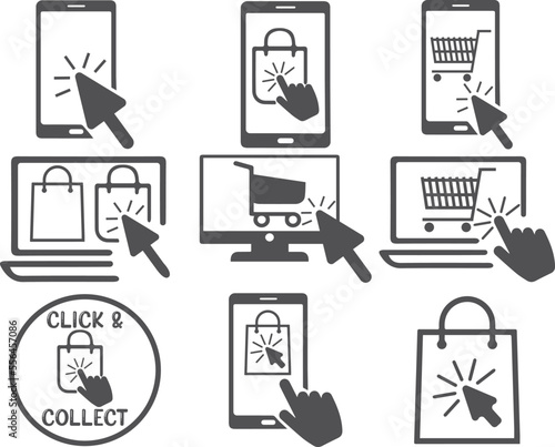 Click and collect order icon set, online shopping icon set black vector