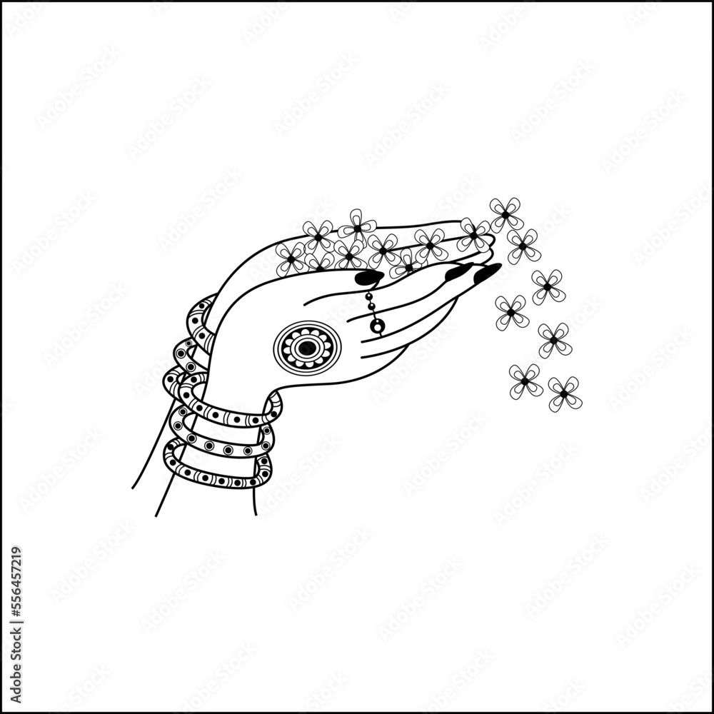 Indian women welcome black and white illustration line drawing clip art