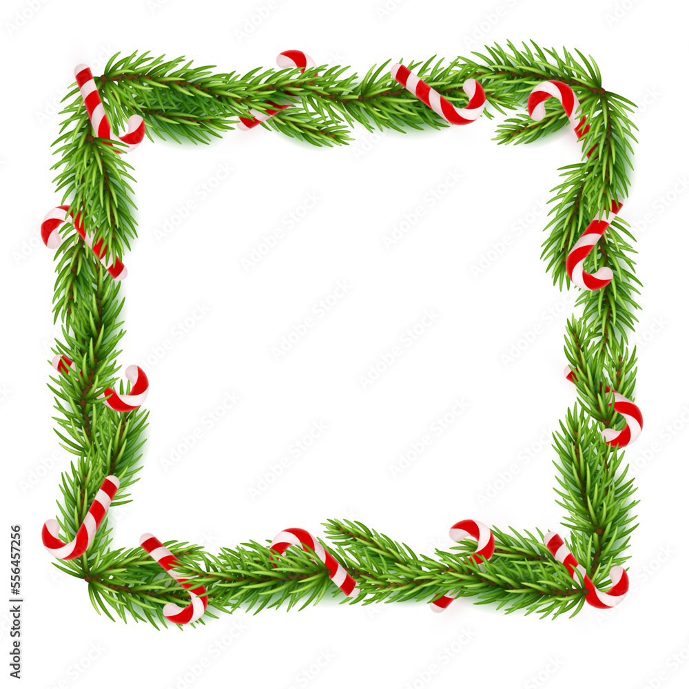 Blank Christmas border, frame with green branch of Christmas tree, fir and candy cane with red and white stripes. Isolated on white background. Holiday design, decor. Vector illustration. Blank Christmas border, frame with green branch of Christmas tree, fir and candy cane with red and white stripes. Isolated on white background. Holiday design, decor. Vector illustration.