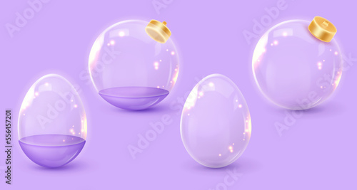 Purple Christmas balls, eggs, boxes, cases with stand, bottom half, glass dome, gold elements and lights. Happy New Year Vector illustration for card, party, design, flyer, banner, web, advertising