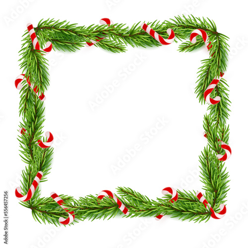 Blank Christmas border, frame with green branch of Christmas tree, fir and candy cane with red and white stripes. Isolated on white background. Holiday design, decor. Vector illustration.