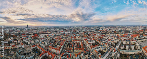 Aerial view of Wroclaw city panorama. Wroclaw architecture with city hall at main square and residential districts. Urban skyline of Wroclaw, Poland
