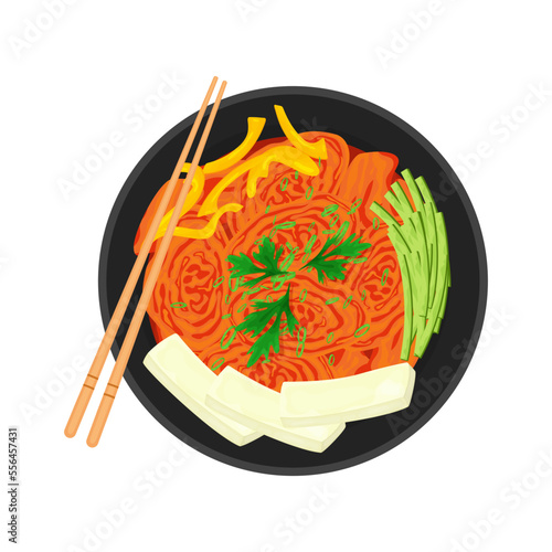 Food illustration, kimchi with vegetables, cucumber, sweet peppers, tofu slices and greens. Korean food, healthy eating, cooking, menu. Vector illustration