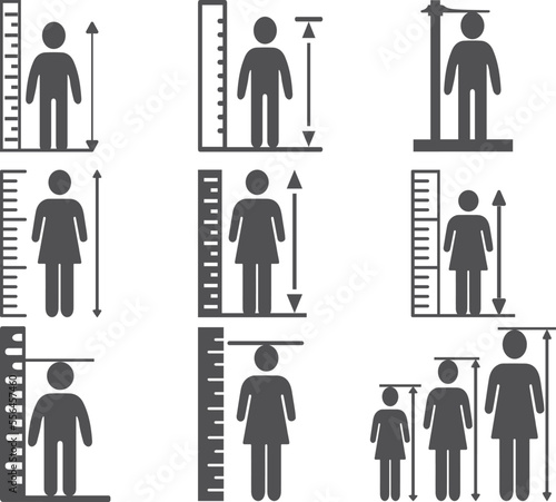 Human height icon set, height measurement icon set black vector photo