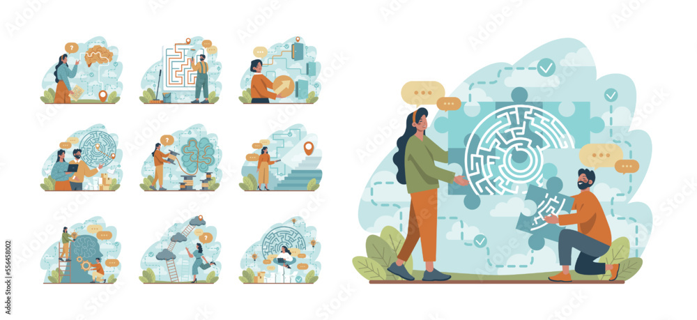 Labyrinth concept set. Hard choice or confusion idea. Difficult decision Labyrinth concept set. Hard choice or confusion idea. Difficult decision