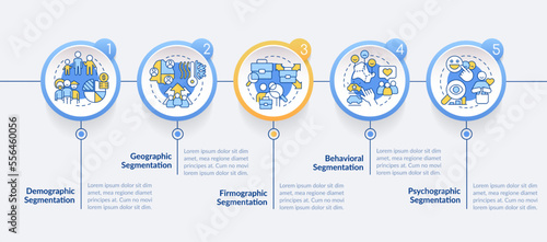Type of market segmentation circle infographic template. Data visualization with 5 steps. Editable timeline info chart. Workflow layout with line icons. Lato-Bold, Regular fonts used