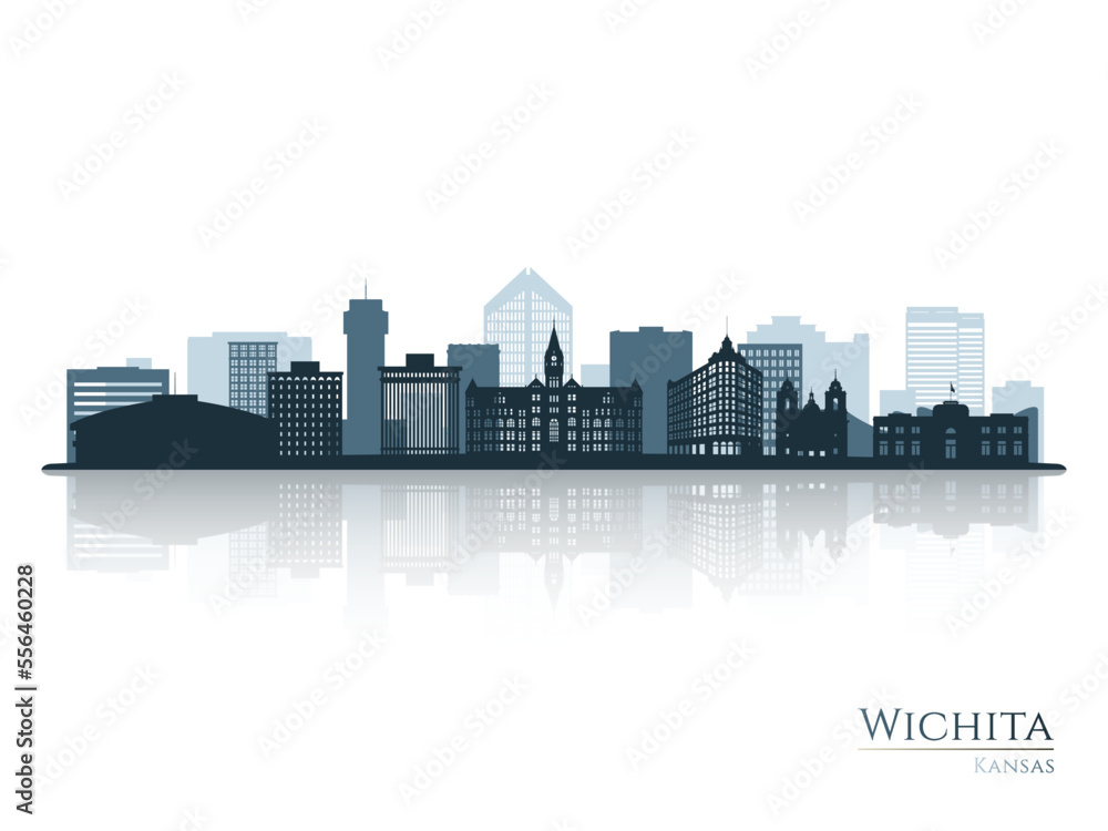 Wichita skyline silhouette with reflection. Landscape Wichita, Kansas. Vector illustration.
