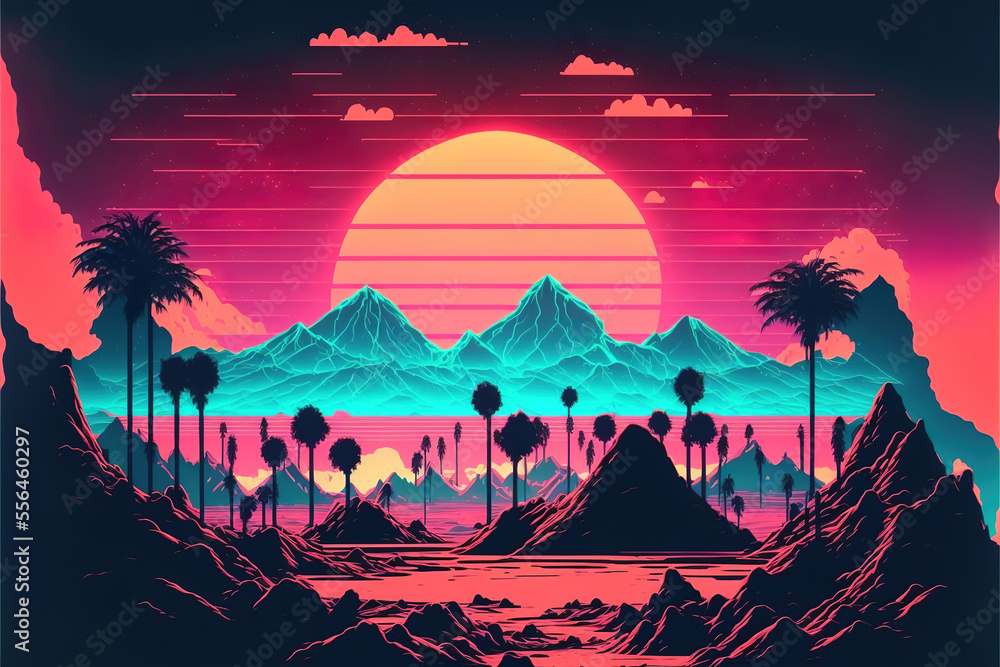 retro 80's color synthwave style mountain landscape with sunset, retro computer graphic, made with generative ai