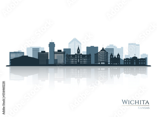Wichita skyline silhouette with reflection. Landscape Wichita, Kansas. Vector illustration.