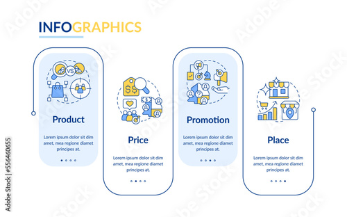 Four P marketing mix blue rectangle infographic template. Data visualization with 4 steps. Editable timeline info chart. Workflow layout with line icons. Lato-Bold, Regular fonts used