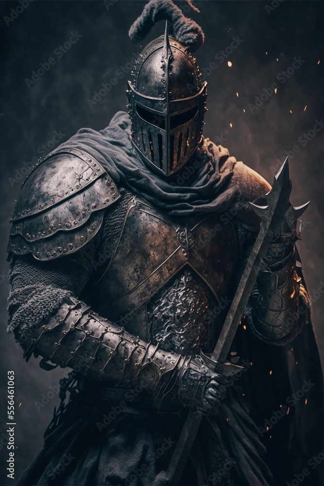 Fototapeta premium A medieval knight standing in a dark castle wearing powerful armor and a helmet holding a sword