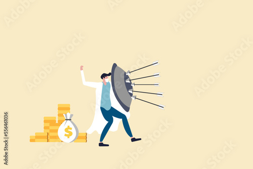 Businessman or banker protecting stacked coins his investments with shield against of arrow. concept of Wealth protection, asset allocation portfolio in market or saving financial and economic crisis.