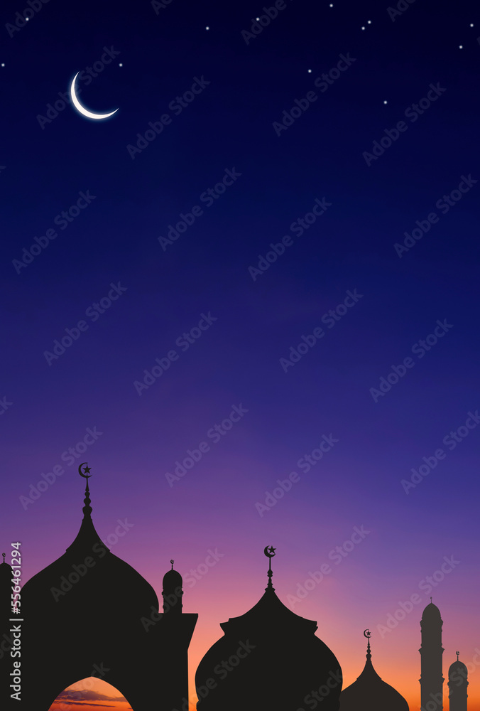 Silhouette Mosques Dome and Crescent Moon on dark blue Twilight sky in vertical frame, symbol islamic religion Ramadan and free space for text arabic, Eid al-Adha, Eid al-fitr, Mubarak - obrazy, fototapety, plakaty 