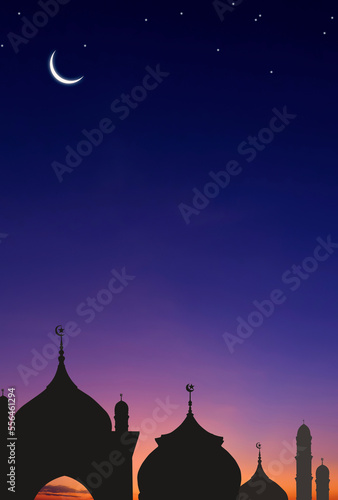 Print op canvas Silhouette Mosques Dome and Crescent Moon on dark blue Twilight sky in vertical