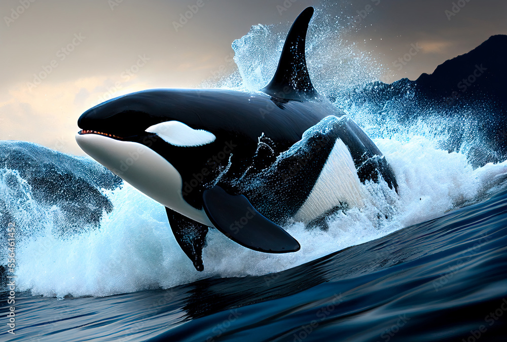 killer whale jumping out of the water into the sea, generative ai Stock ...