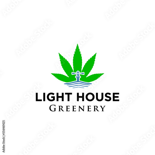 light house logo design with abstract tree coconut palm beach marijuana leaf