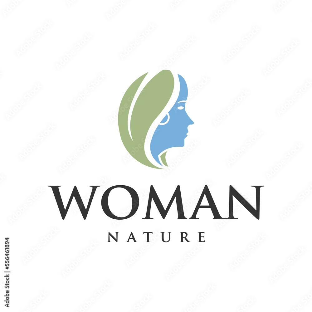 woman face beauty logo with abstract leaf hair concept