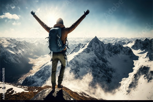 man with open arms jumping on the top of mountain, wide view, Hiker with backpack, ai generated