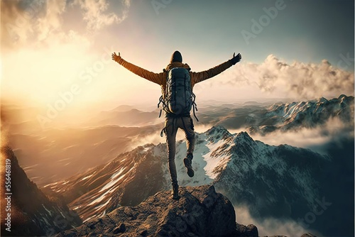 Fotografering man with open arms jumping on the top of mountain, wide view, Hiker with backpac