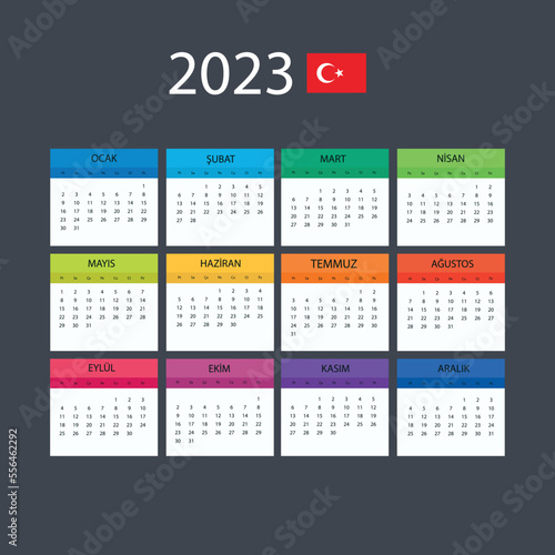 Calendar in Turkish for 2023. The week starts from Monday. Vector illustration