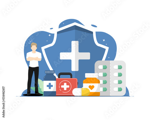 Health protection concept, Human standing with vitamins for the body, Digital marketing illustration.
