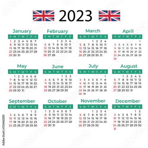 Calendar in English for 2023. The week starts from Sunday. Vector illustration