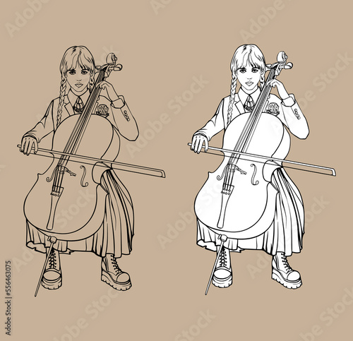 The girl with the pigtails plays the cello. Girl playing cello. Painted icon isolated on white and transparent background. Vector. For design and coloring book