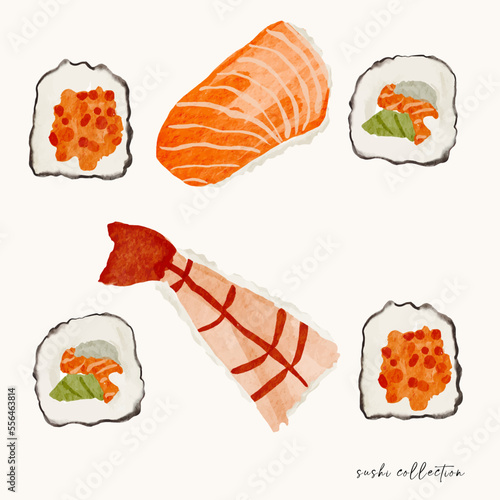 Sushi Bar Food collection with Nigiri and Maki Roll. Japanese cuisine. Vector illustration 