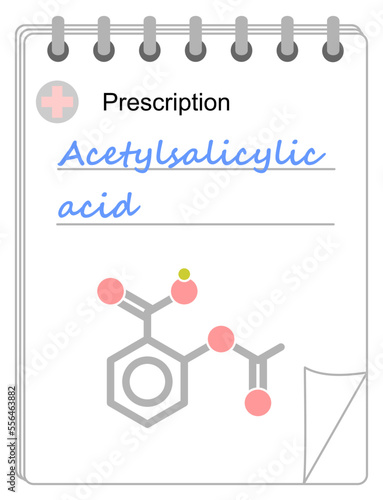 Medical prescription pad. Simplified formula icon of acetylsalicylic acid.