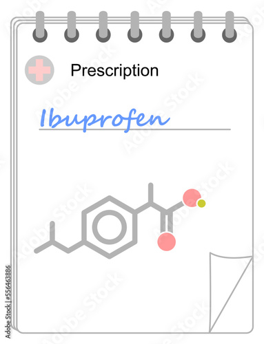Medical prescription pad. Simplified formula icon of ibuprofen.