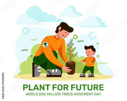 Father and son plant a tree for future. One million trees movement